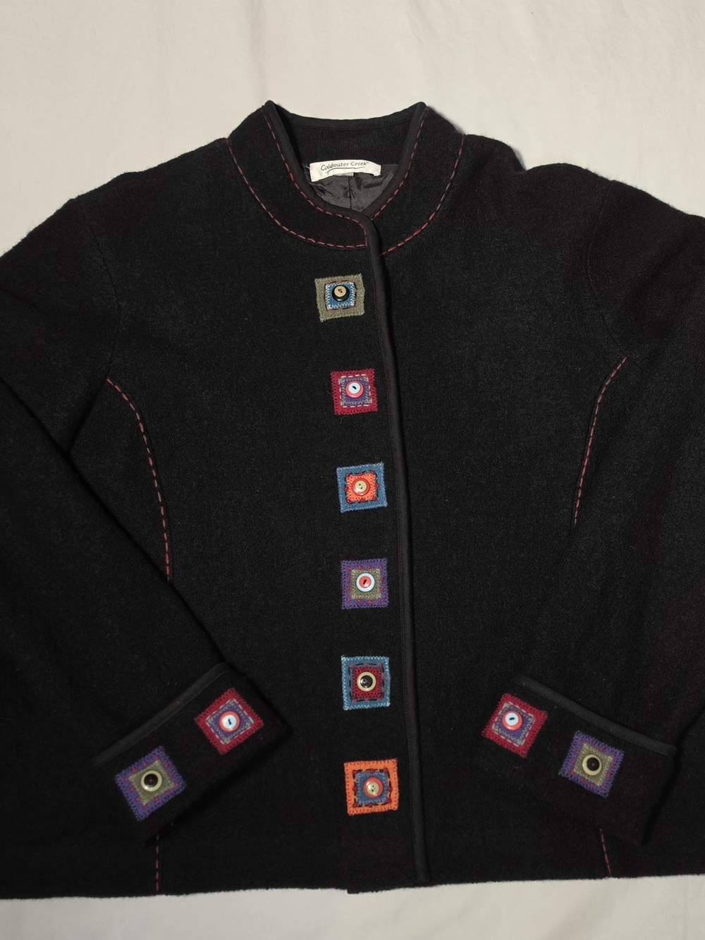Coldwater Creek Black Wool Jacket with Multicolor Embroidered Square Buttons